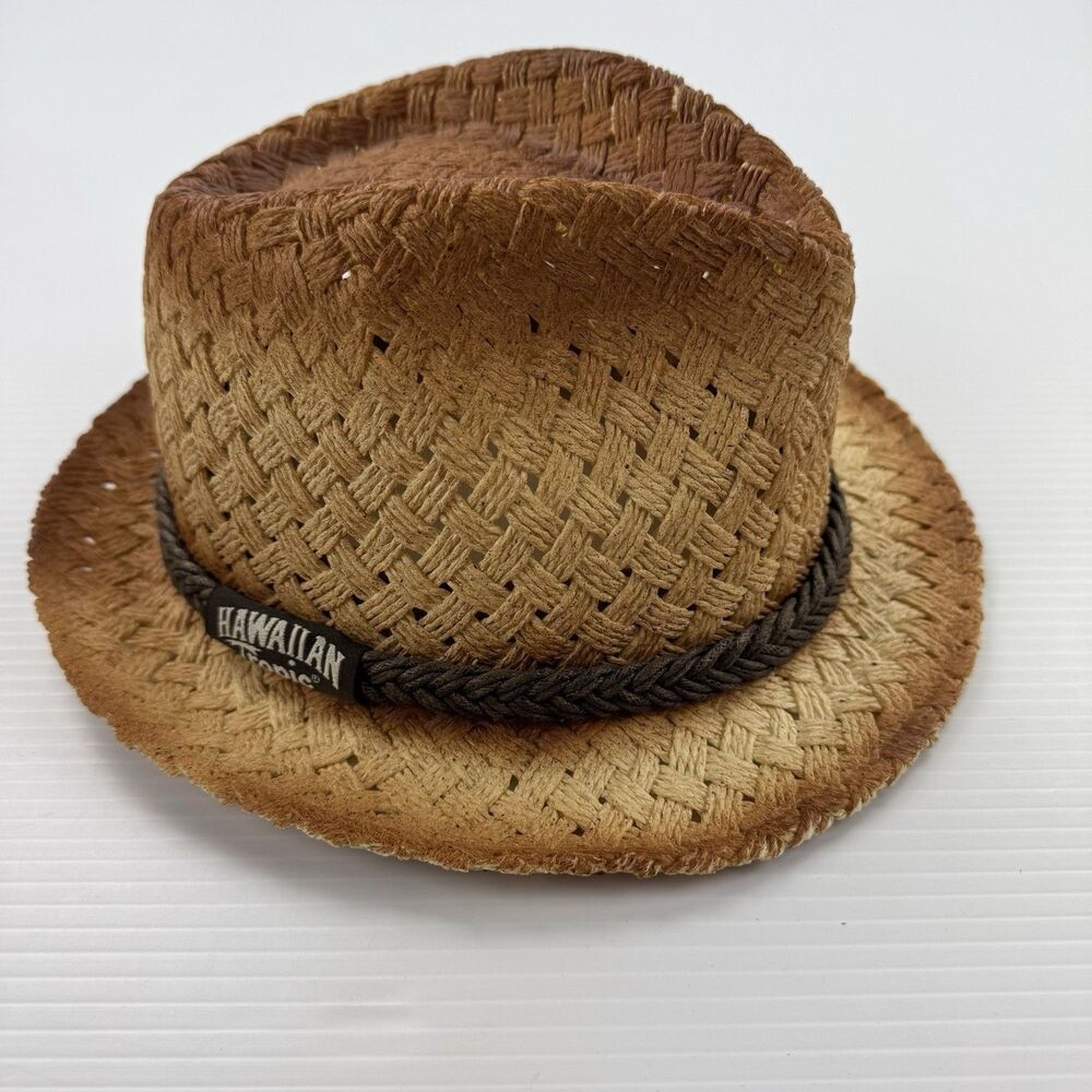 Hawaiian Tropic Straw Fedora Hat Brown Woven Summer Beach Resort Boho Unisex